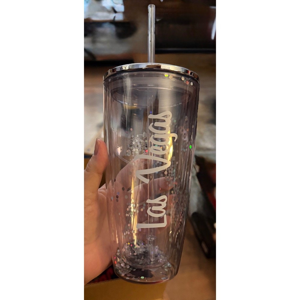 Las Vegas Tumbler 16 oz‎ Clear Glitter Insulated Straw New